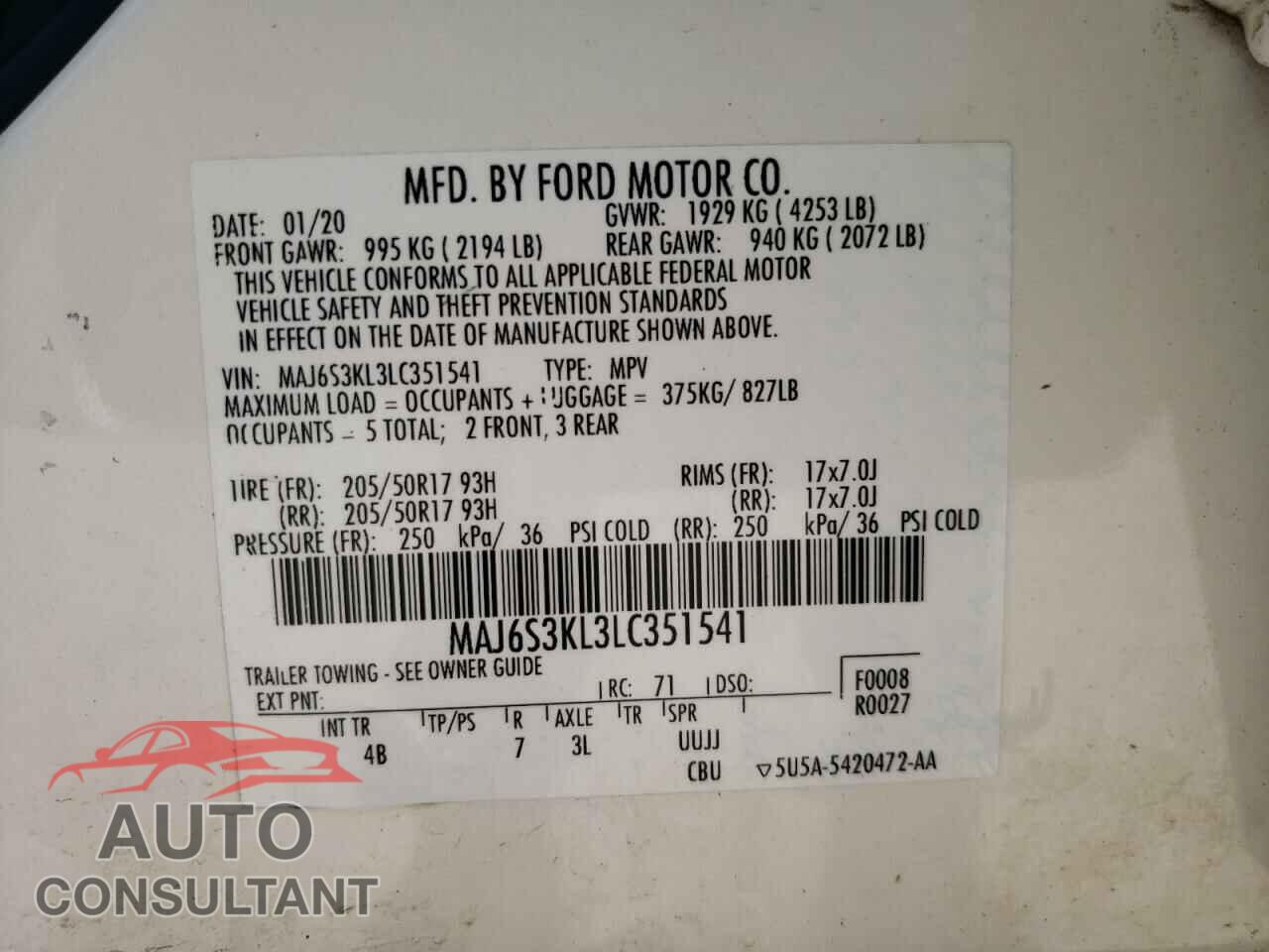 FORD ALL OTHER 2020 - MAJ6S3KL3LC351541