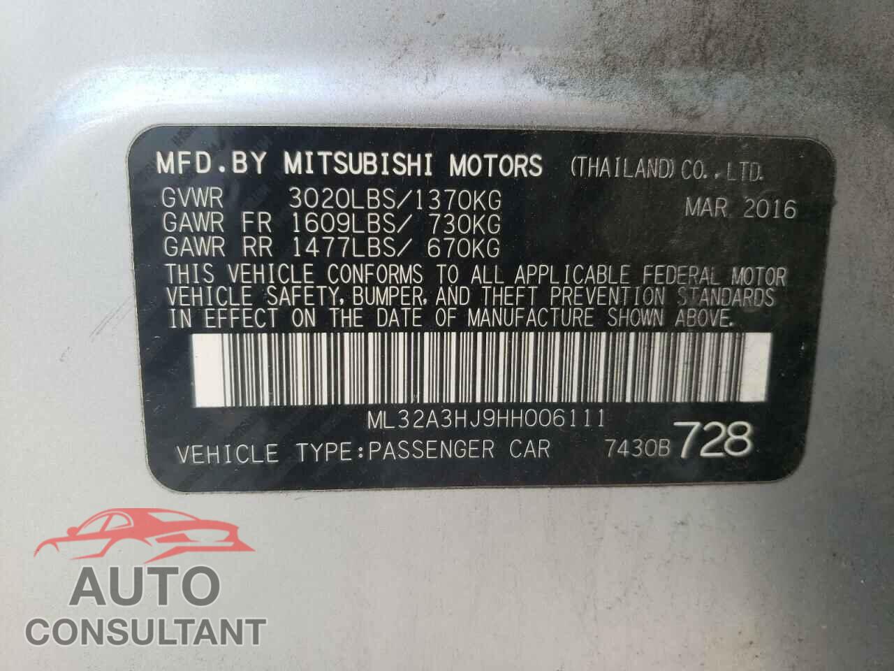 MITSUBISHI MIRAGE 2017 - ML32A3HJ9HH006111