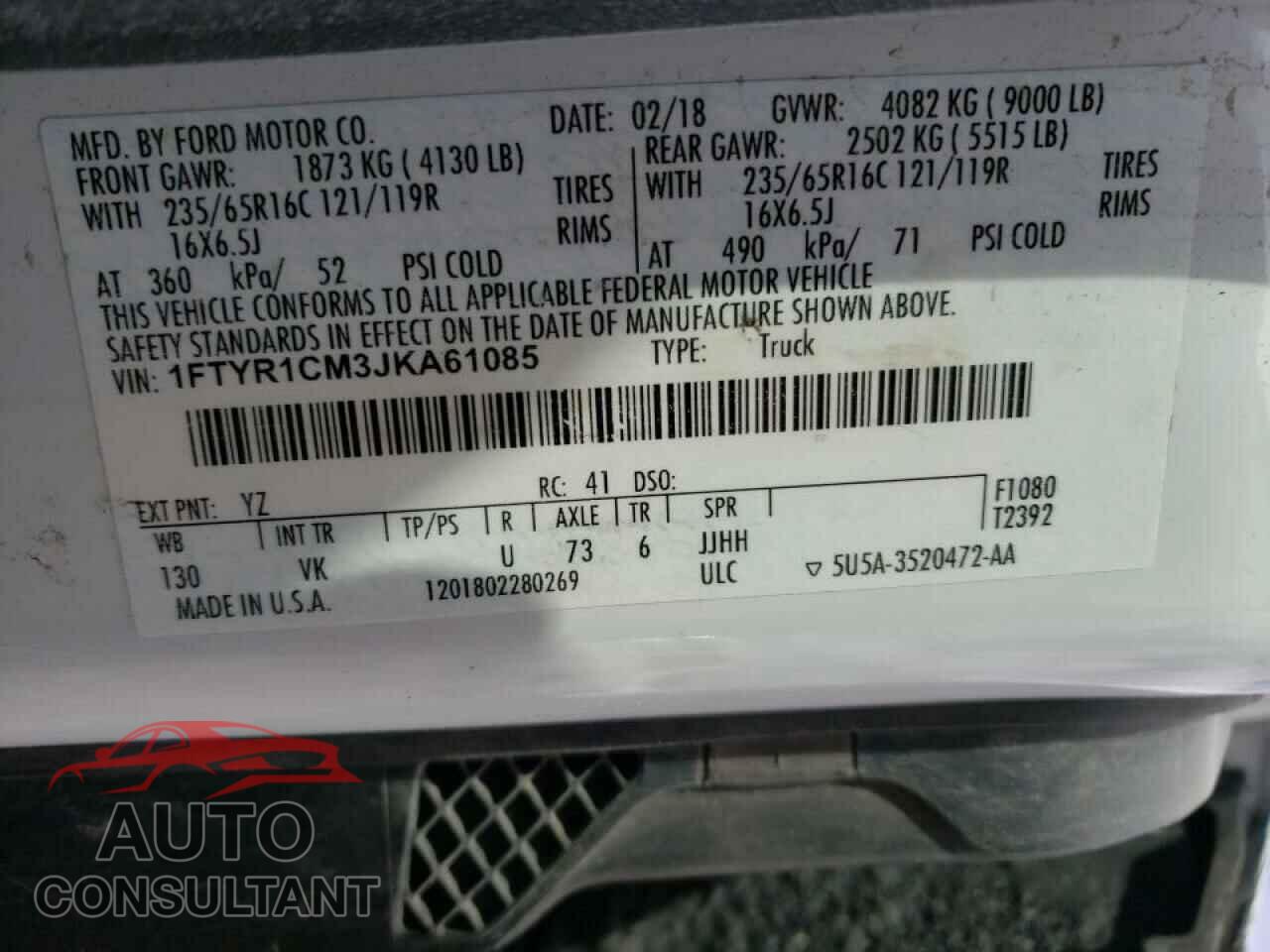 FORD TRANSIT CO 2018 - 1FTYR1CM3JKA61085