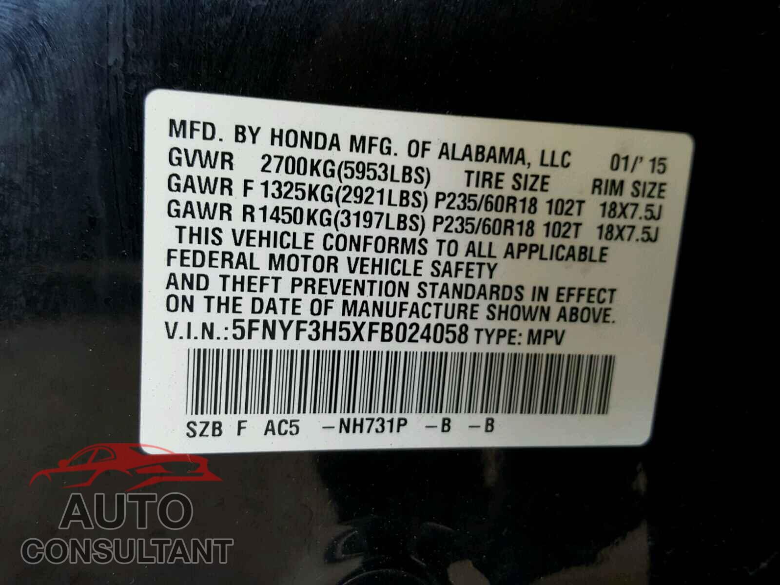 HONDA PILOT EXL 2015 - 5FNYF3H5XFB024058