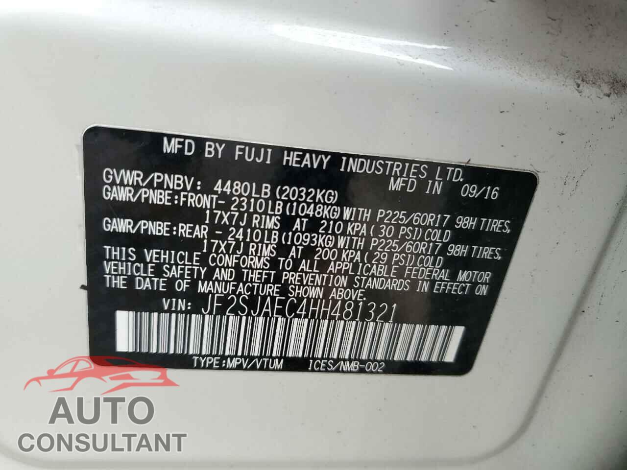 SUBARU FORESTER 2017 - JF2SJAEC4HH481321