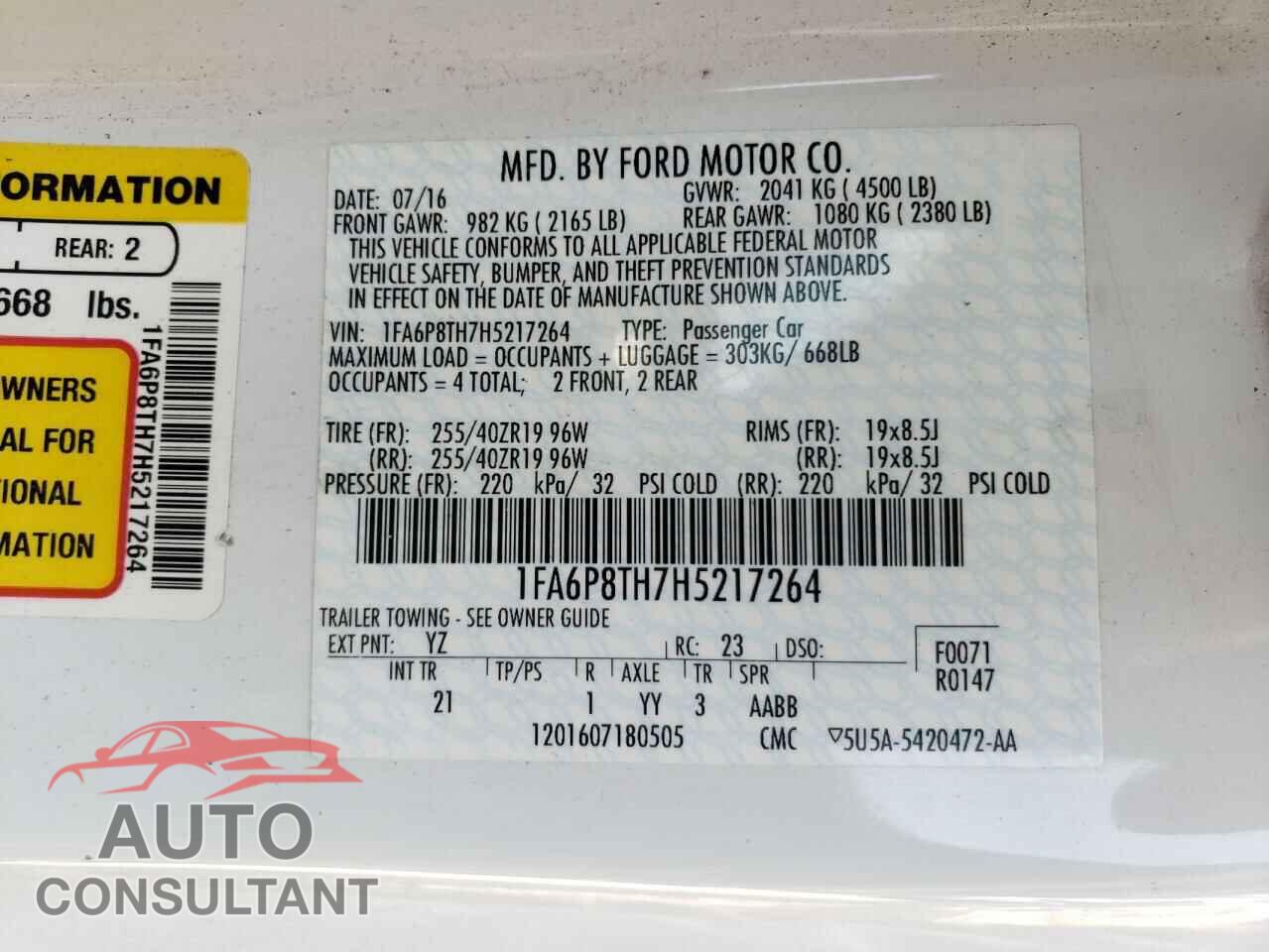 FORD MUSTANG 2017 - 1FA6P8TH7H5217264