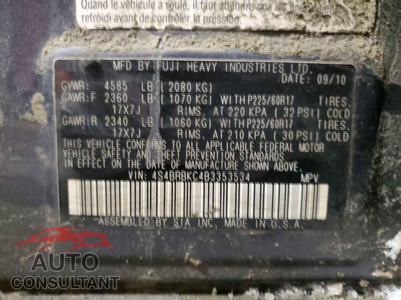 SUBARU OUTBACK 2011 - 4S4BRBKC4B3353534
