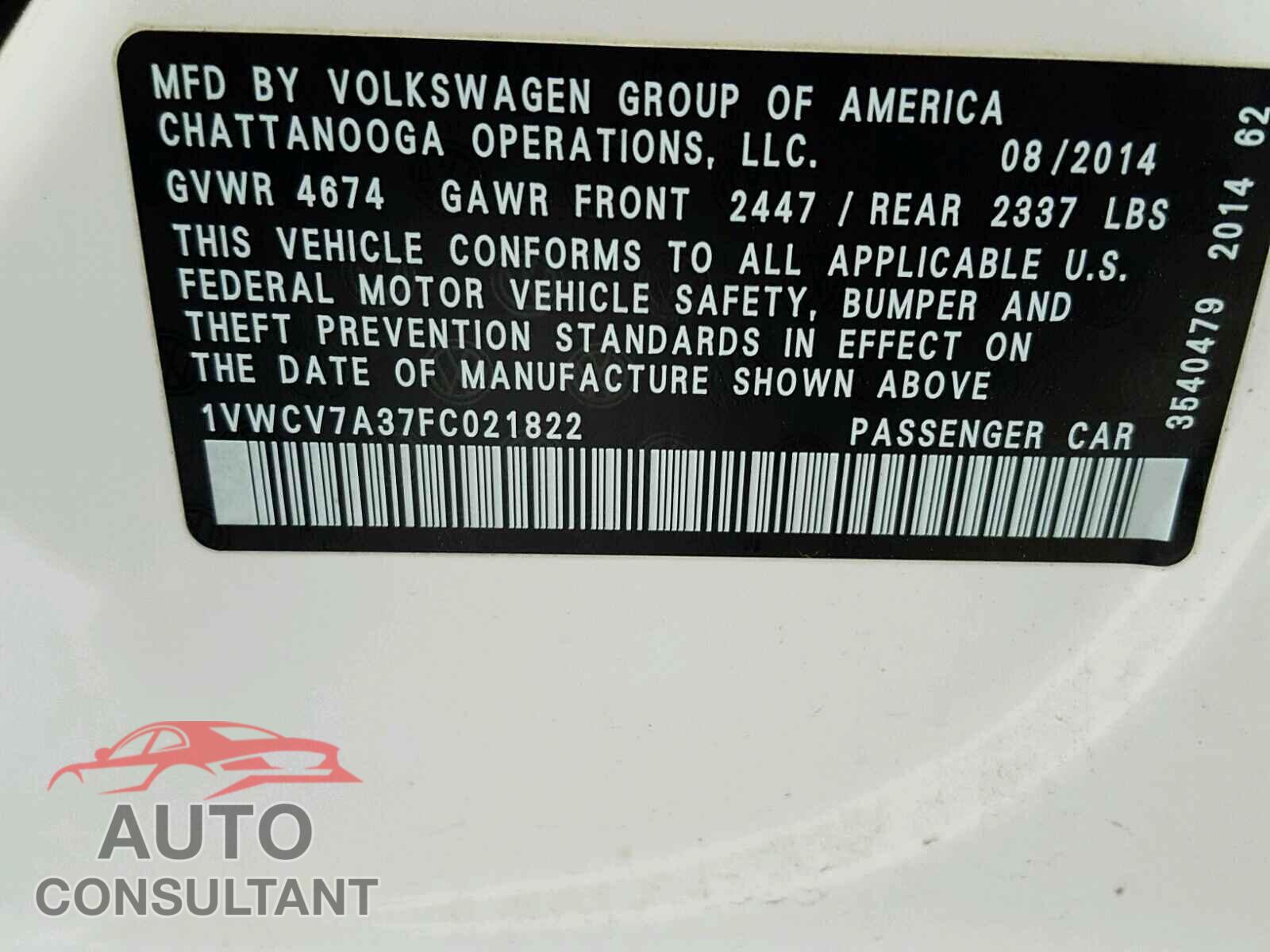 VOLKSWAGEN PASSAT 2015 - 1VWCV7A37FC021822