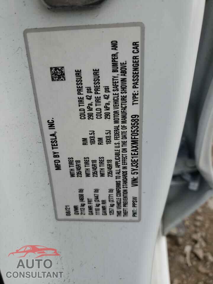 TESLA MODEL 3 2021 - 5YJ3E1EAXMF053589