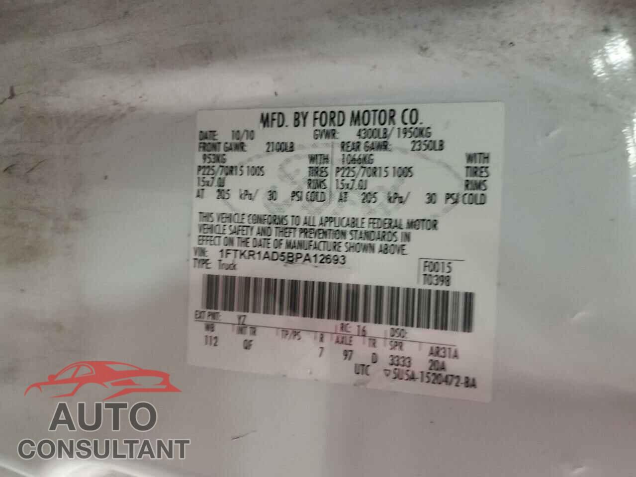 FORD RANGER 2011 - 1FTKR1AD5BPA12693