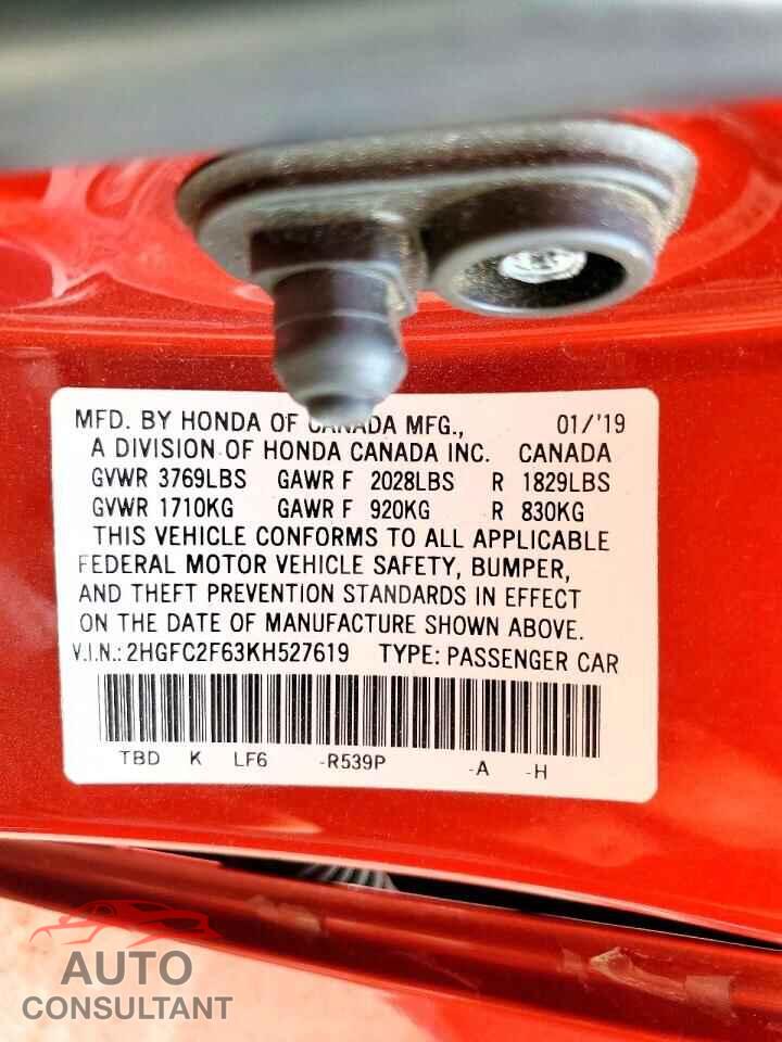 HONDA CIVIC 2019 - 2HGFC2F63KH527619