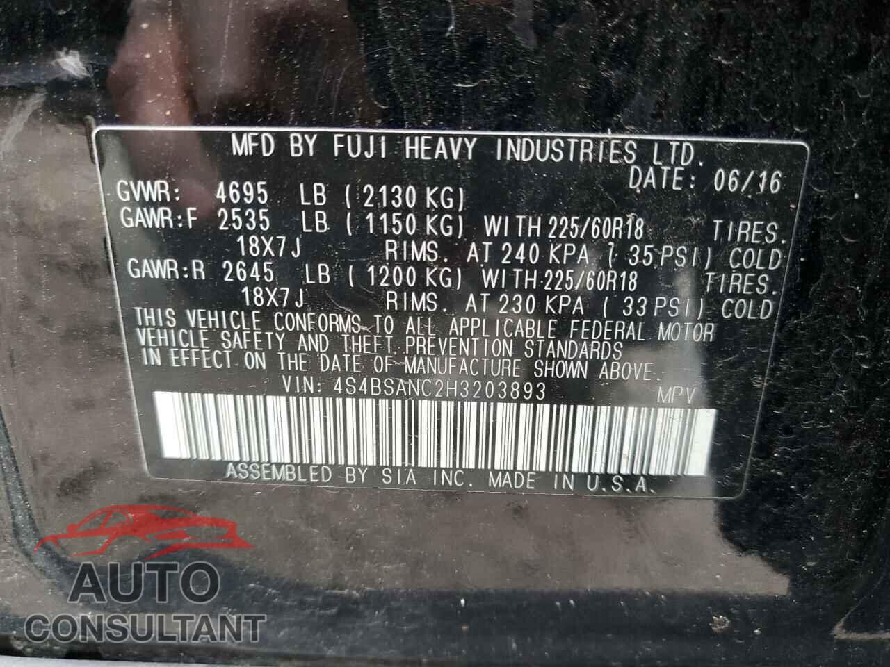 SUBARU OUTBACK 2017 - 4S4BSANC2H3203893