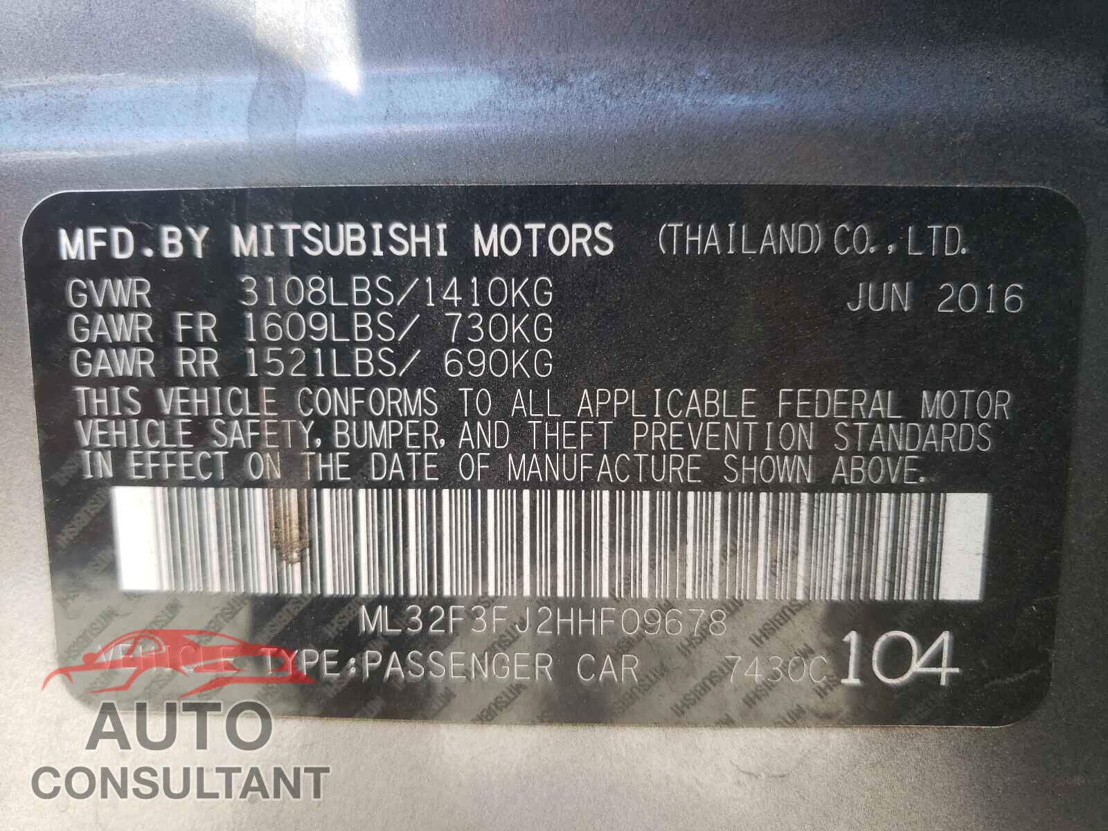 MITSUBISHI MIRAGE 2017 - ML32F3FJ2HHF09678