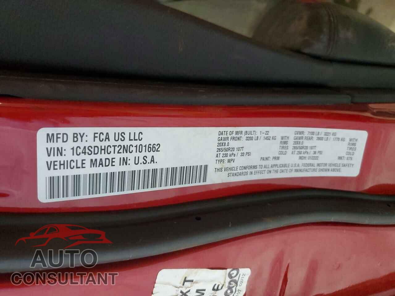 DODGE DURANGO 2022 - 1C4SDHCT2NC101662