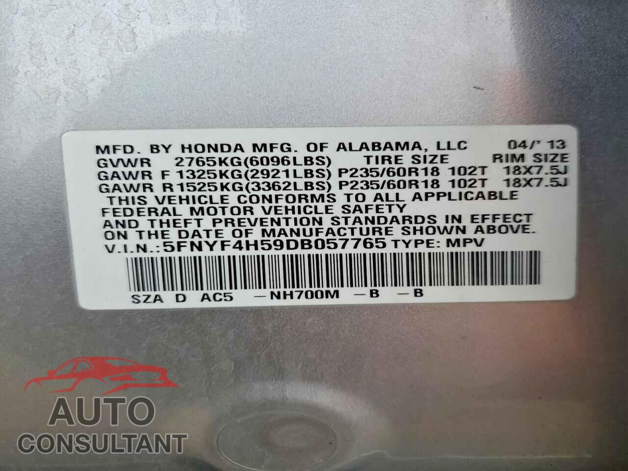 HONDA PILOT 2013 - 5FNYF4H59DB057765