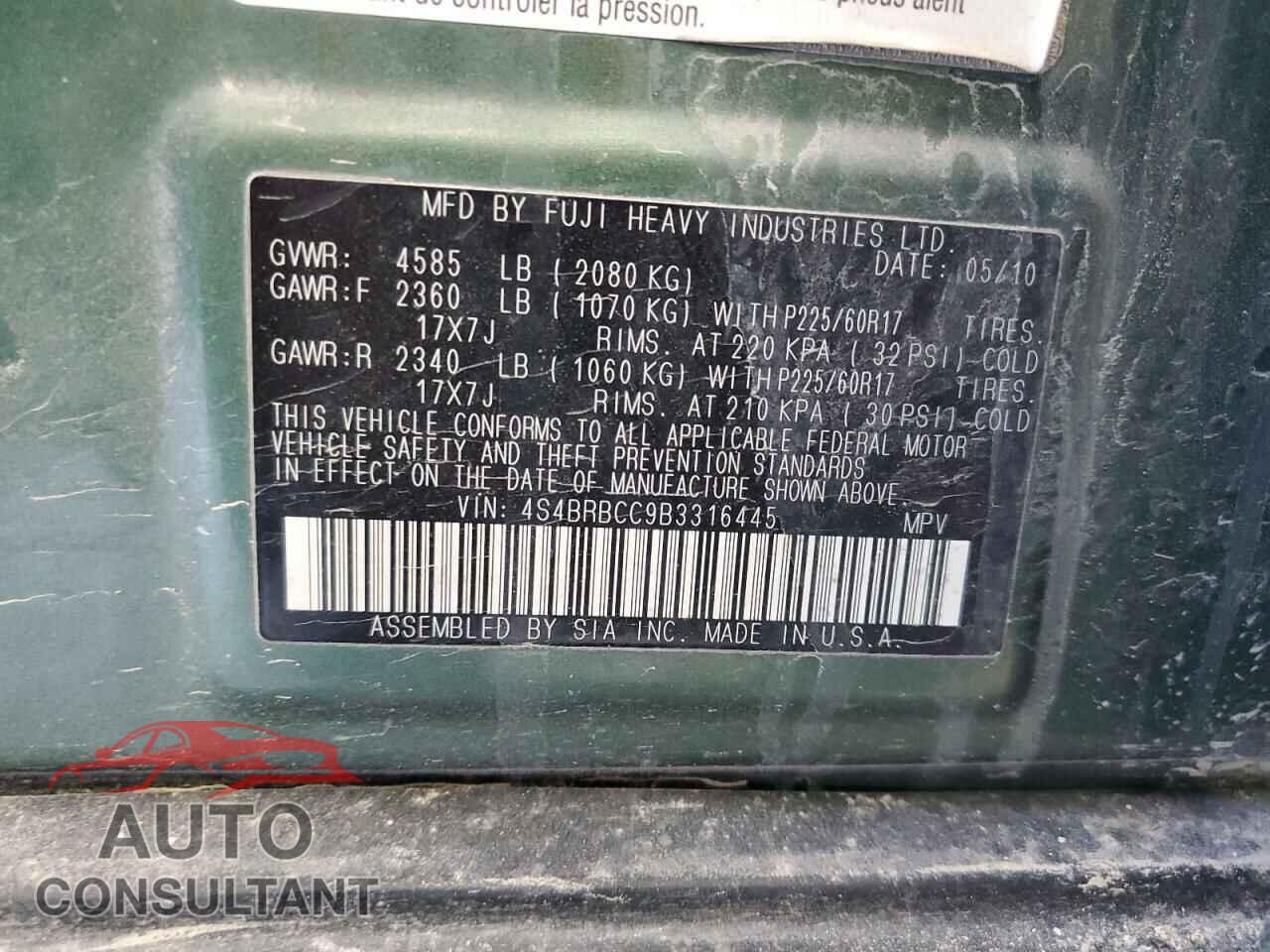 SUBARU OUTBACK 2011 - 4S4BRBCC9B3316445