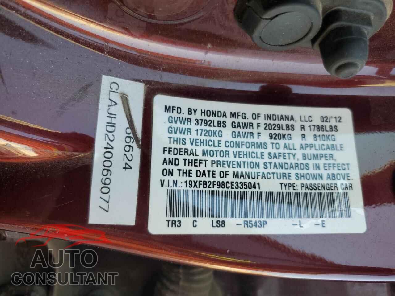 HONDA CIVIC 2012 - 19XFB2F98CE335041