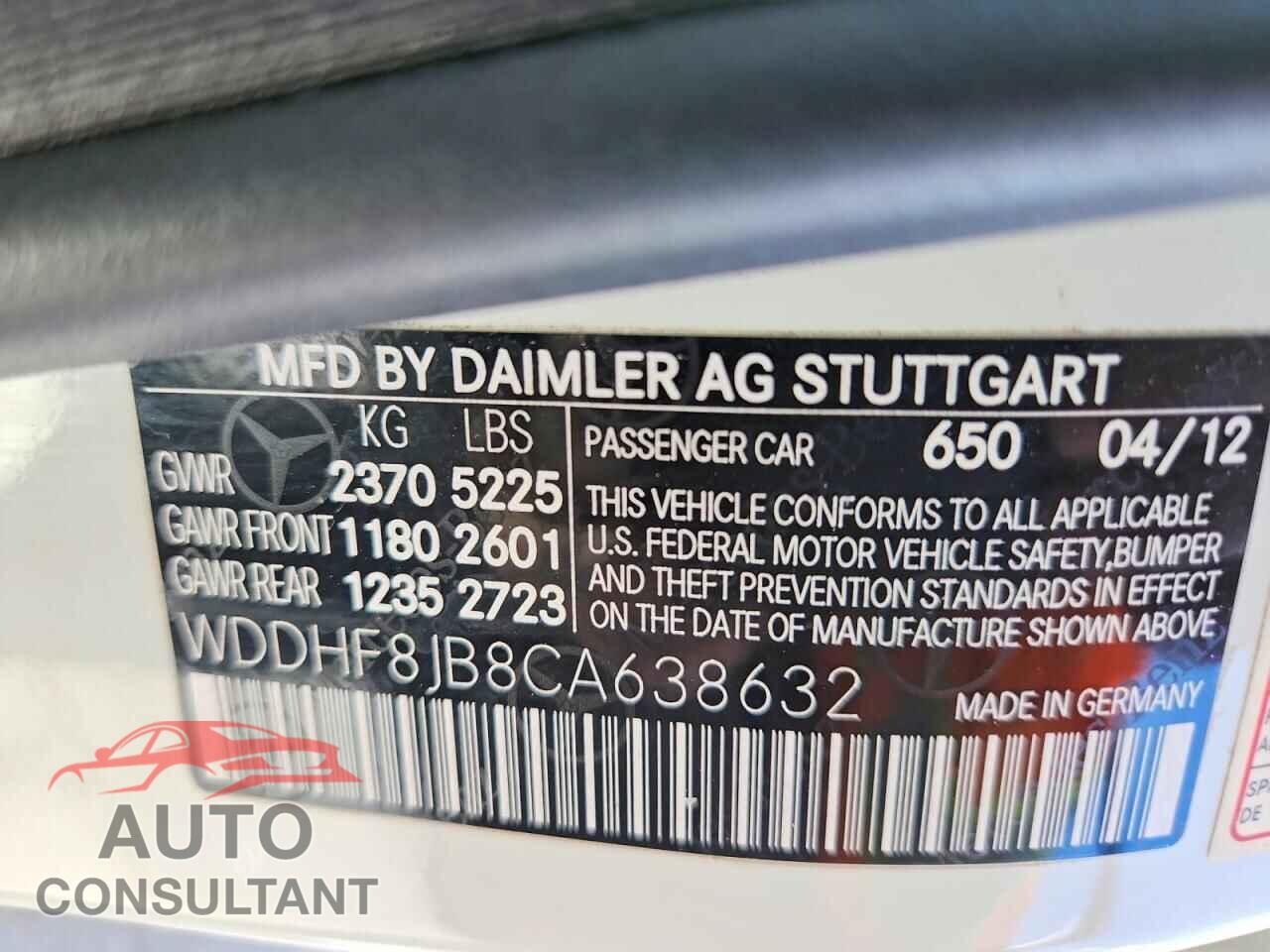 MERCEDES-BENZ E-CLASS 2012 - WDDHF8JB8CA638632