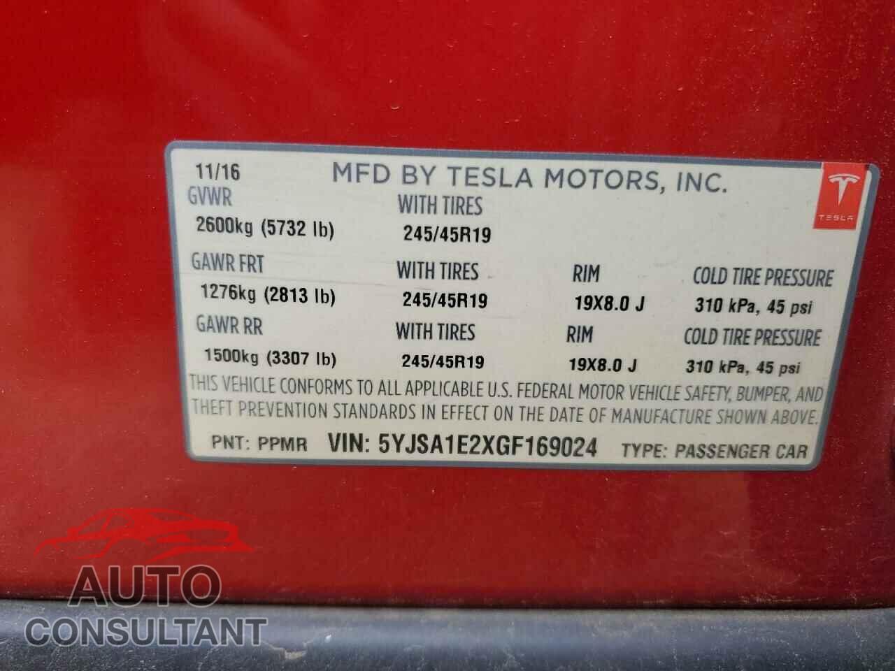 TESLA MODEL S 2016 - 5YJSA1E2XGF169024