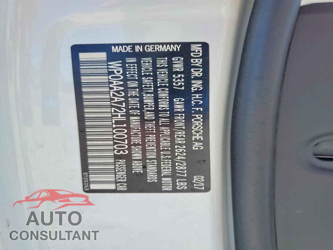PORSCHE PANAMERA 2017 - WP0AA2A72HL100703