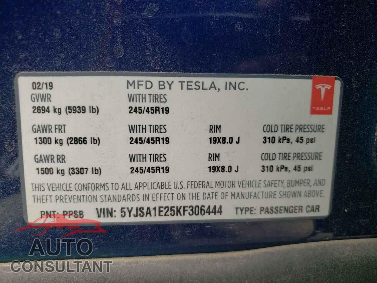 TESLA MODEL S 2019 - 5YJSA1E25KF306444