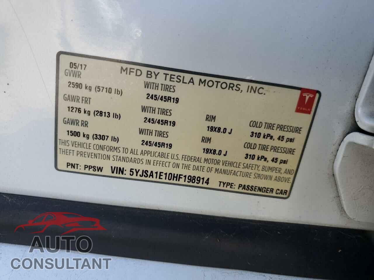 TESLA MODEL S 2017 - 5YJSA1E10HF198914