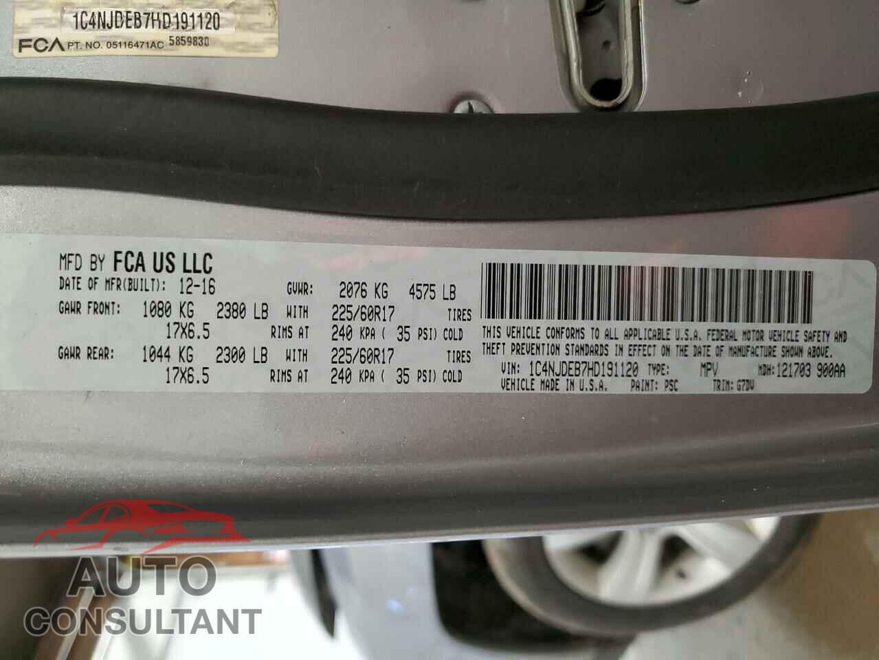 JEEP COMPASS 2017 - 1C4NJDEB7HD191120