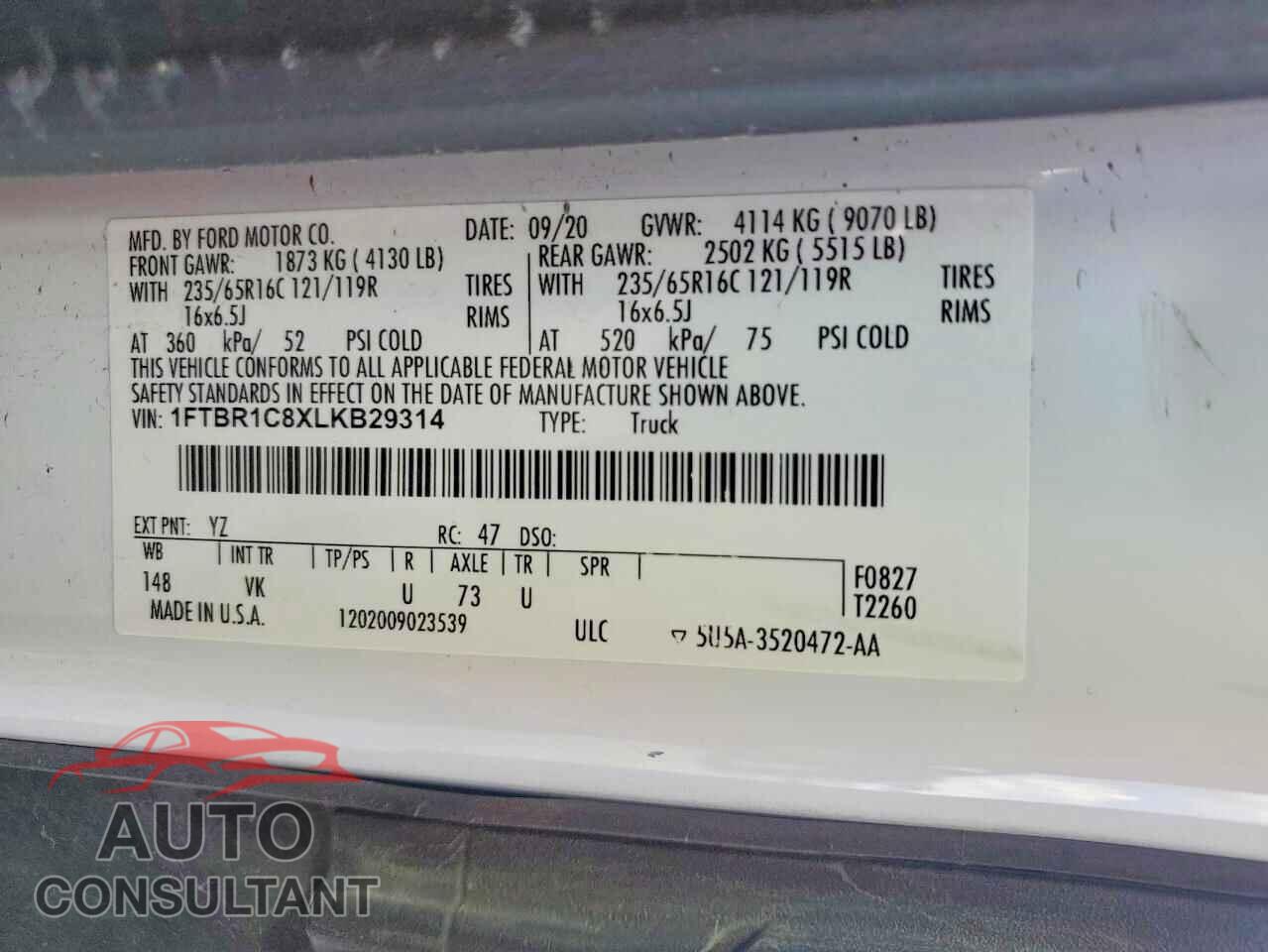 FORD TRANSIT 2020 - 1FTBR1C8XLKB29314