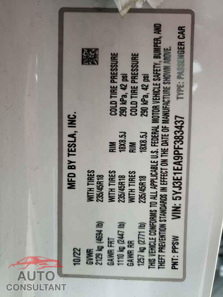 TESLA MODEL 3 2023 - 5YJ3E1EA9PF383437