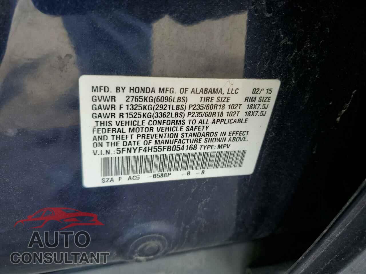HONDA PILOT 2015 - 5FNYF4H55FB054168