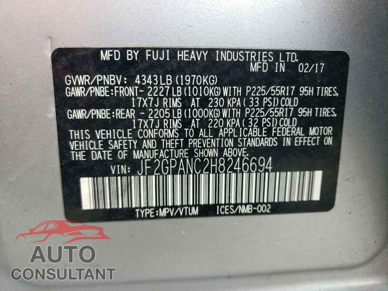 SUBARU CROSSTREK 2017 - JF2GPANC2H8246694