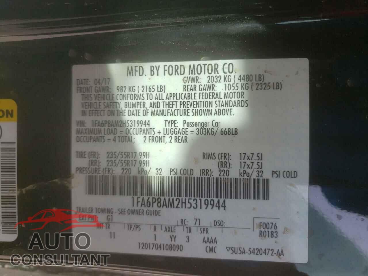 FORD MUSTANG 2017 - 1FA6P8AM2H5319944