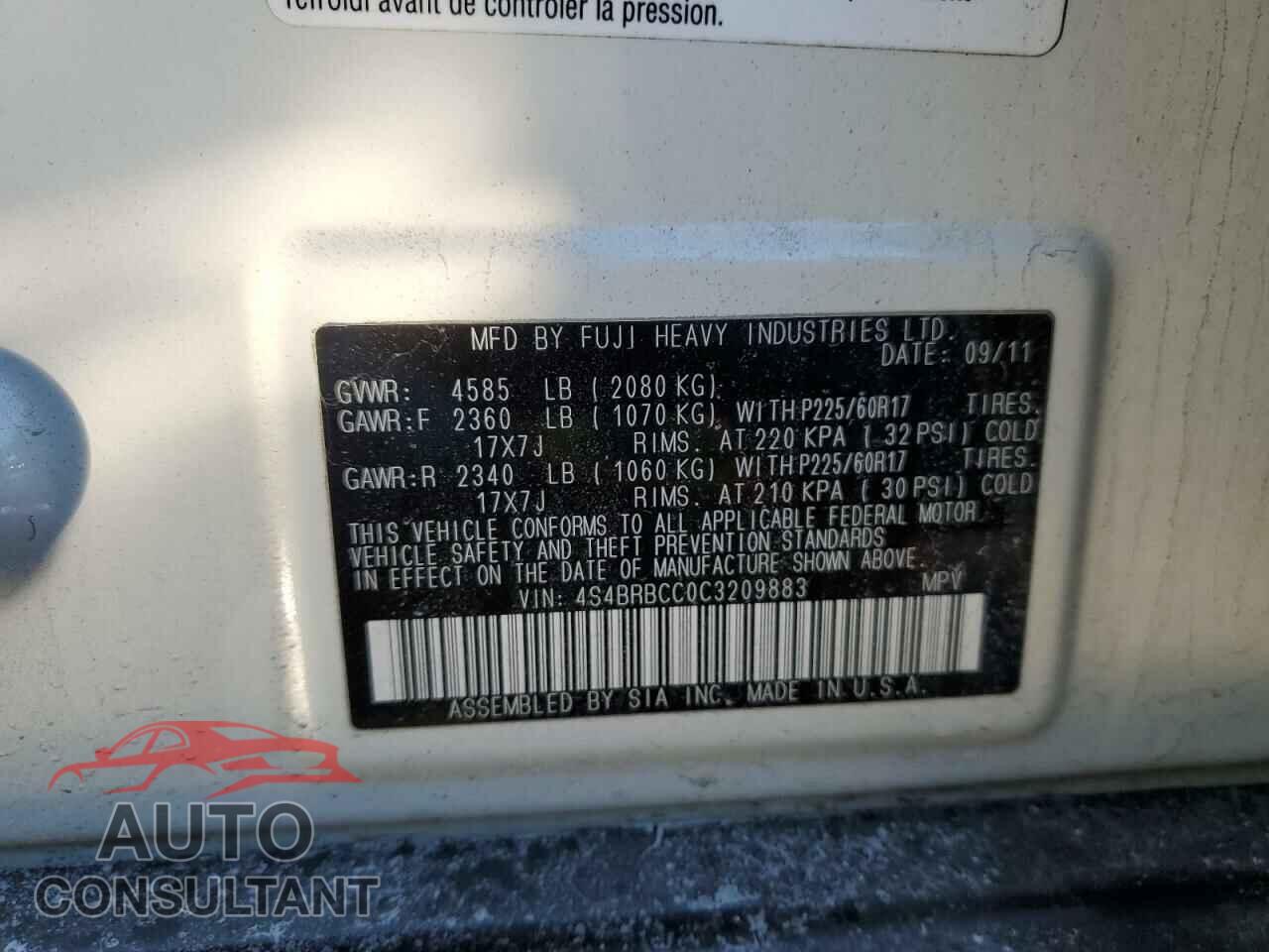 SUBARU OUTBACK 2012 - 4S4BRBCC0C3209883