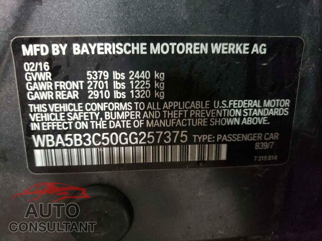 BMW 5 SERIES 2016 - WBA5B3C50GG257375