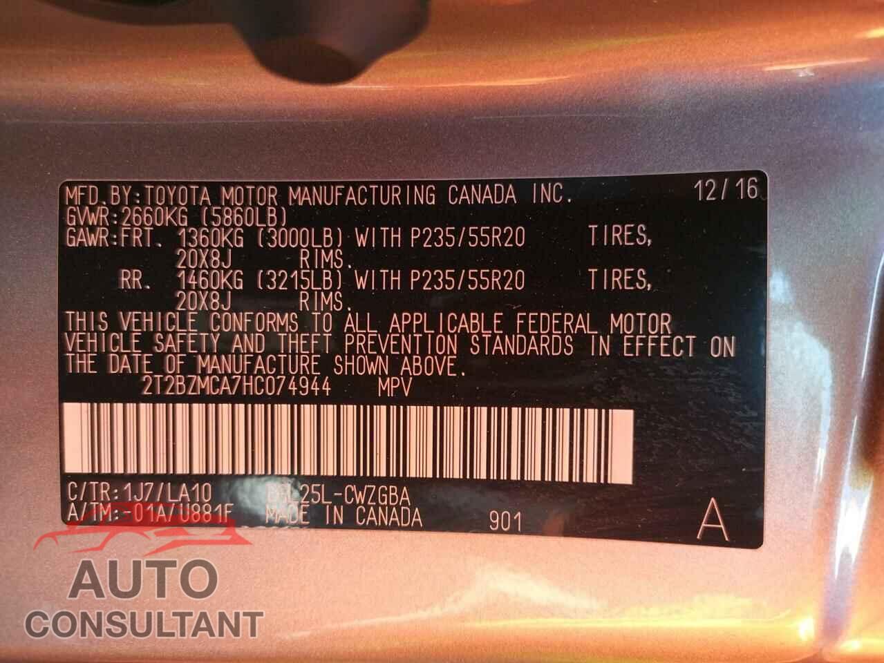 LEXUS RX350 2017 - 2T2BZMCA7HC074944