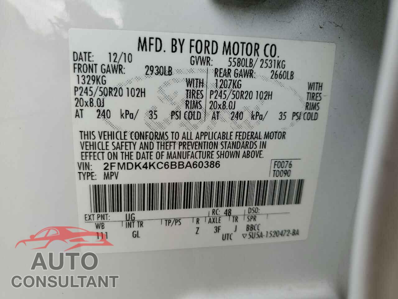 FORD EDGE 2011 - 2FMDK4KC6BBA60386