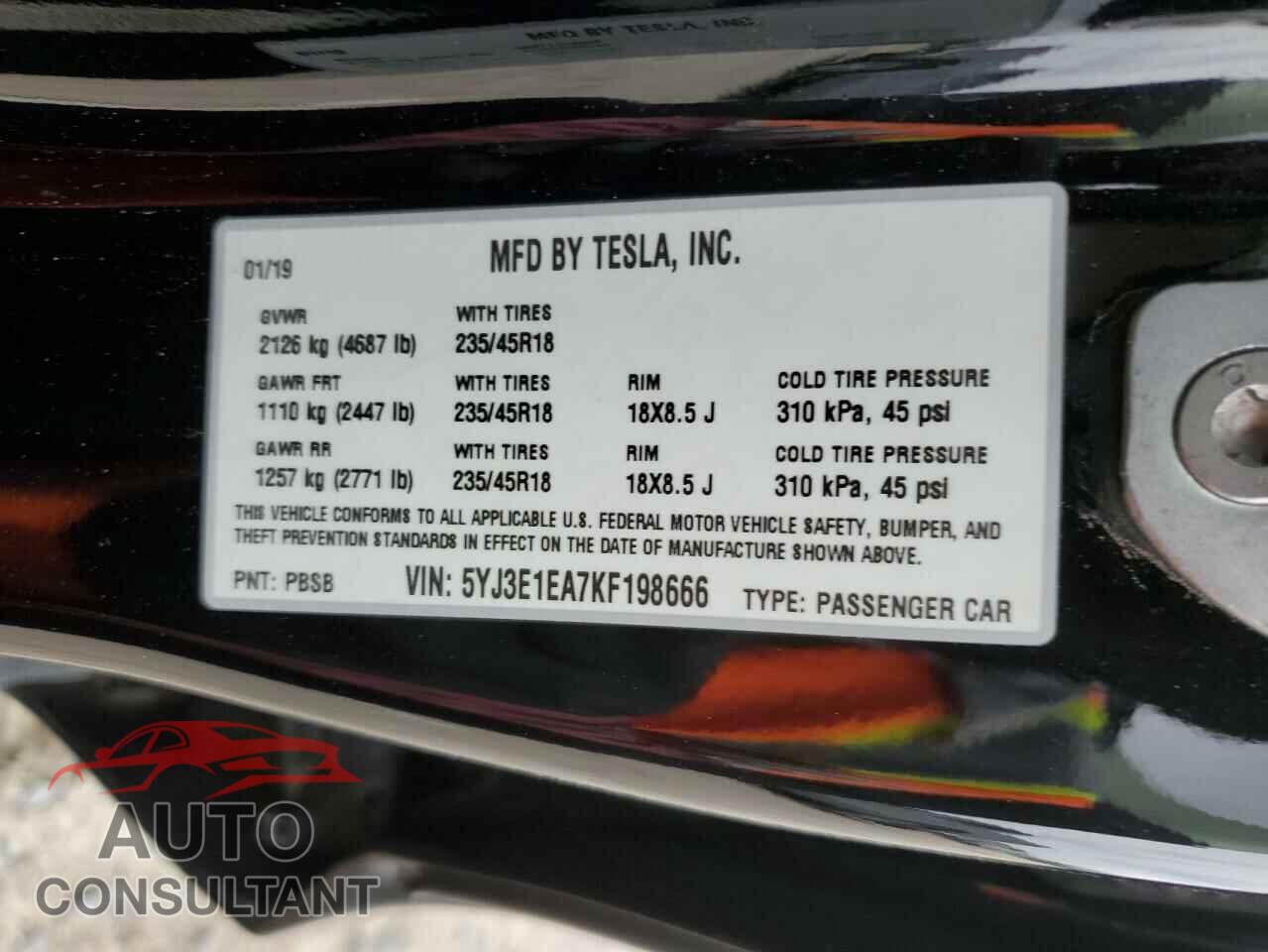TESLA MODEL 3 2019 - 5YJ3E1EA7KF198666