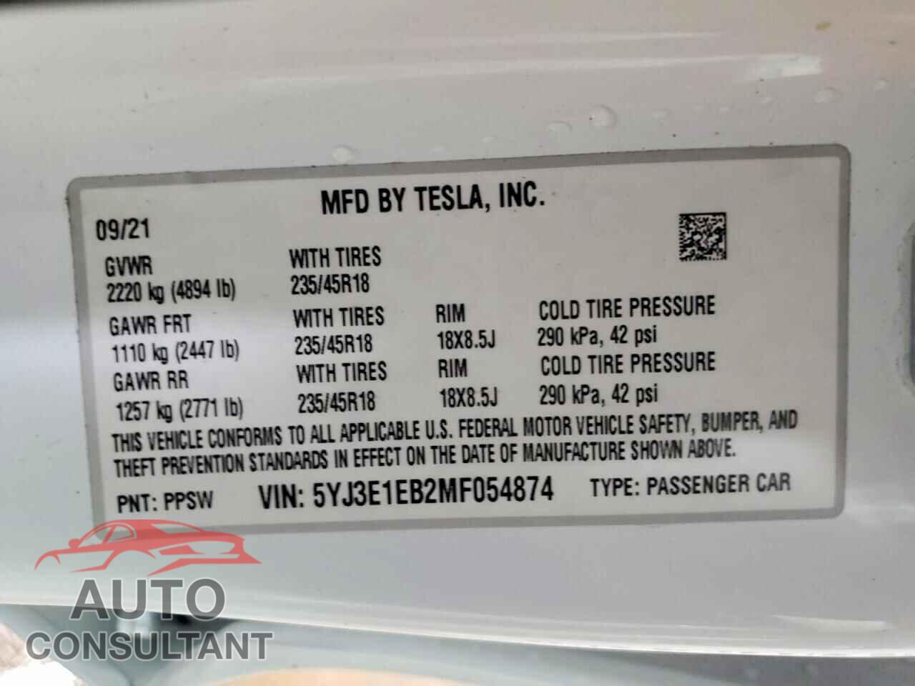 TESLA MODEL 3 2021 - 5YJ3E1EB2MF054874