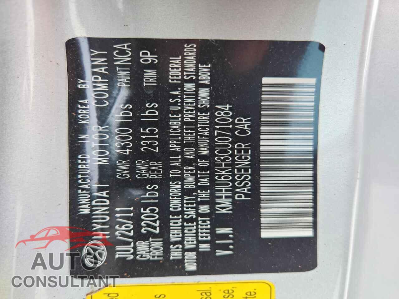 HYUNDAI GENESIS 2012 - KMHHU6KH3CU071084