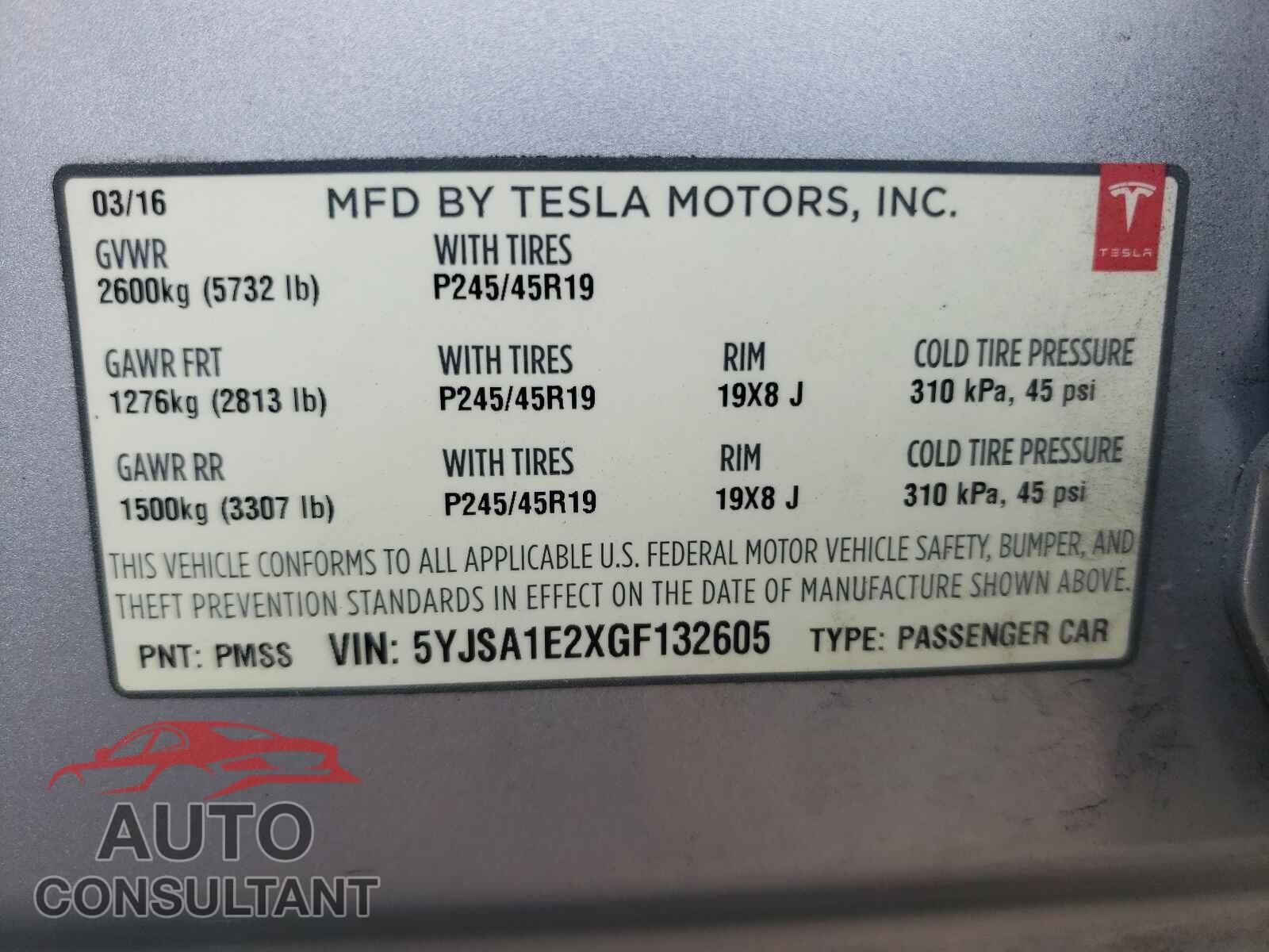TESLA MODEL S 2016 - 5YJSA1E2XGF132605