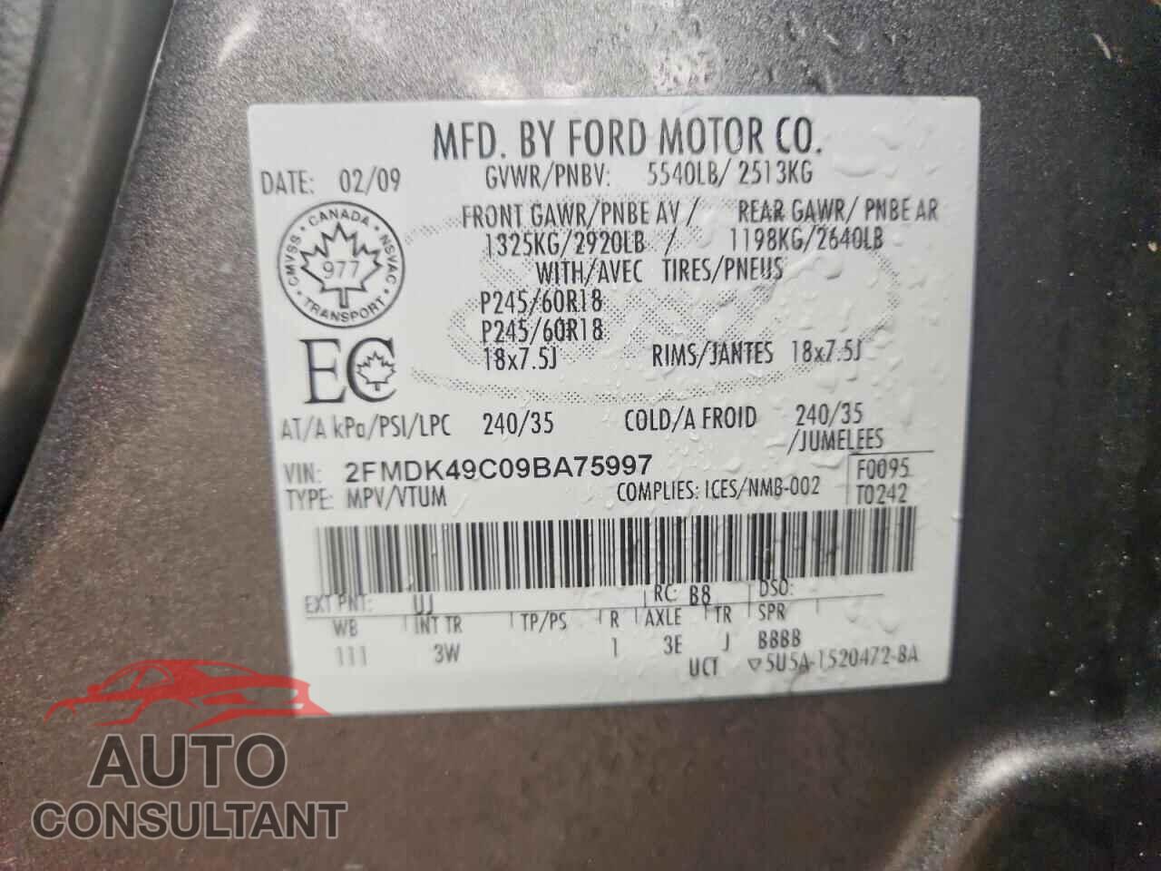 FORD EDGE 2009 - 2FMDK49C09BA75997