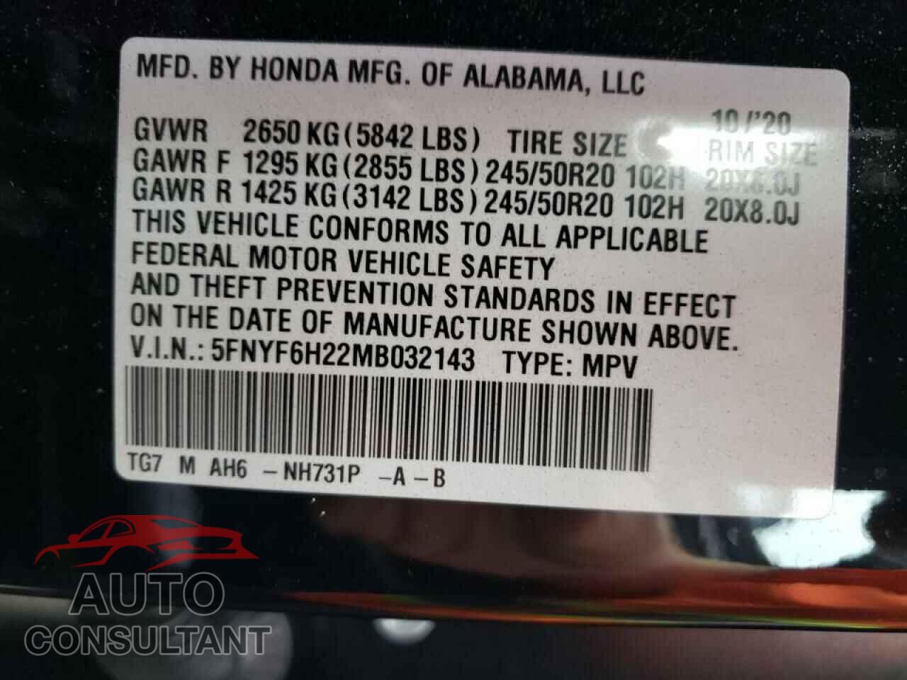 HONDA PILOT 2021 - 5FNYF6H22MB032143