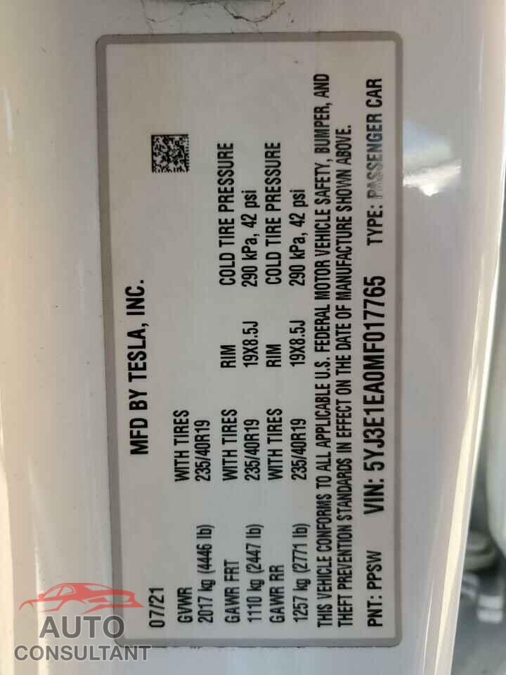 TESLA MODEL 3 2021 - 5YJ3E1EA0MF017765