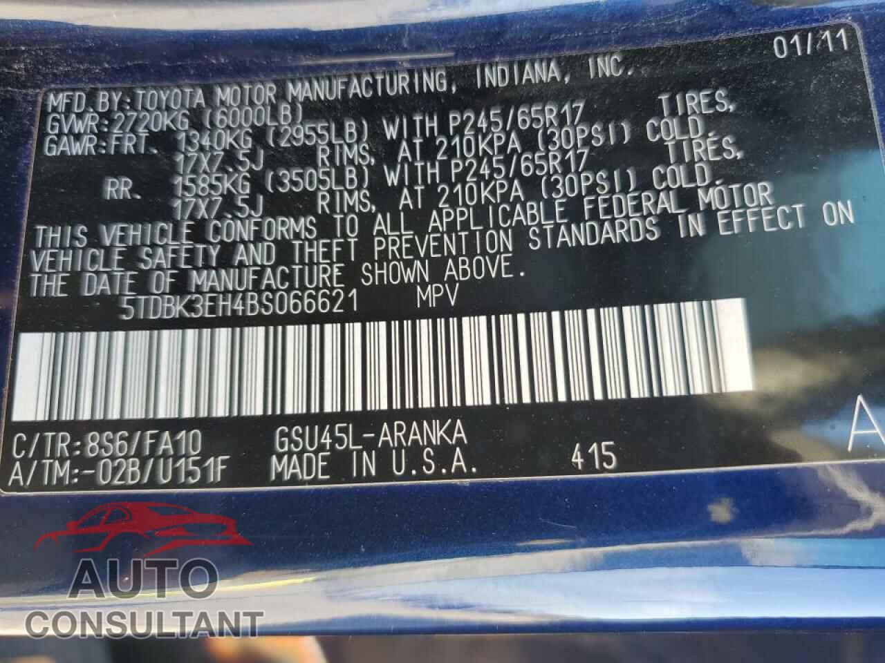 TOYOTA HIGHLANDER 2011 - 5TDBK3EH4BS066621