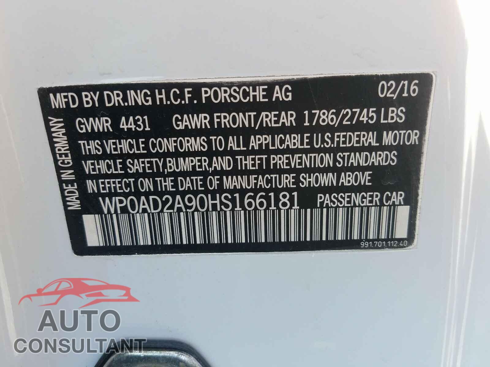 PORSCHE 911 2017 - WP0AD2A90HS166181