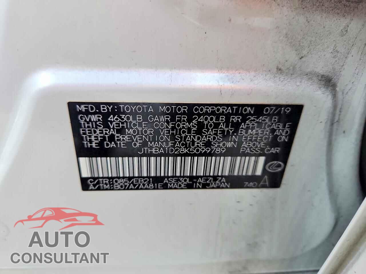 LEXUS IS 2019 - JTHBA1D28K5099789