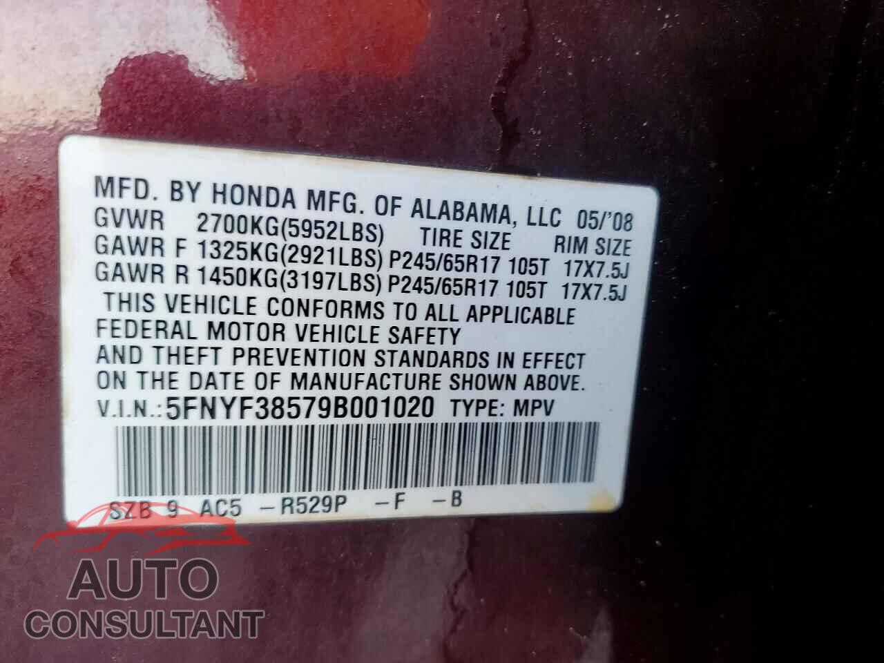 HONDA PILOT 2009 - 5FNYF38579B001020