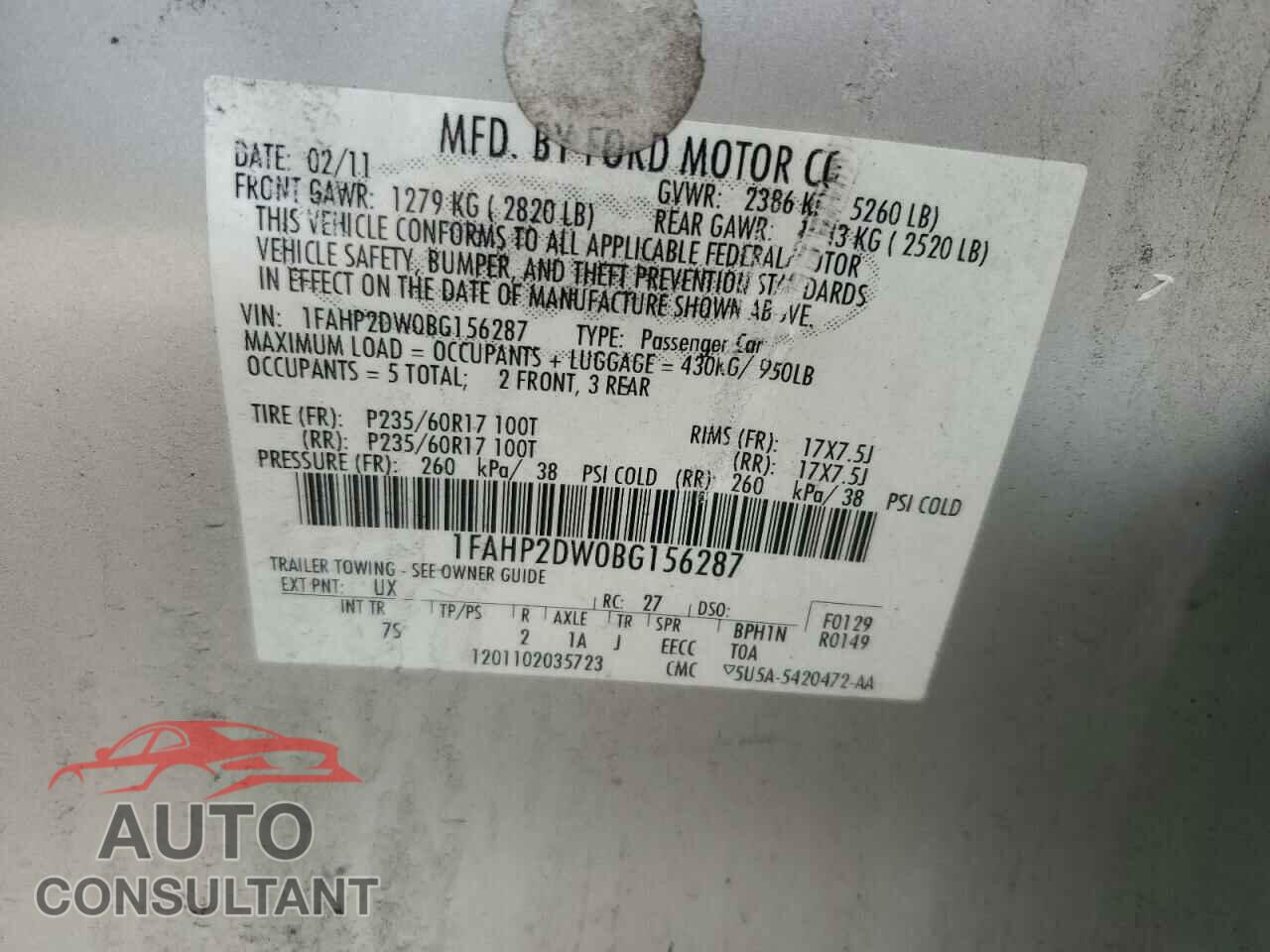 FORD TAURUS 2011 - 1FAHP2DW0BG156287