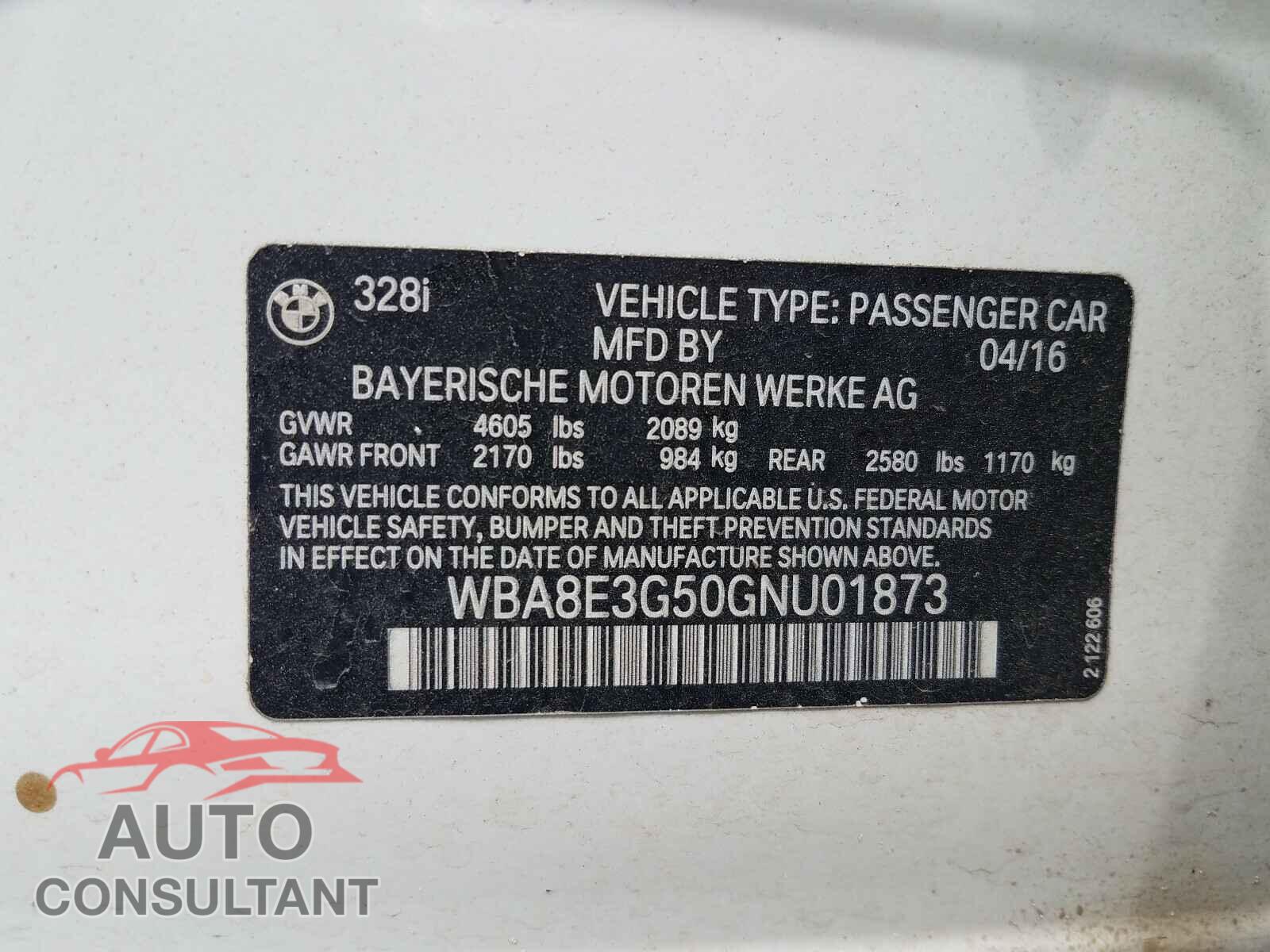 BMW 3 SERIES 2016 - WBA8E3G50GNU01873