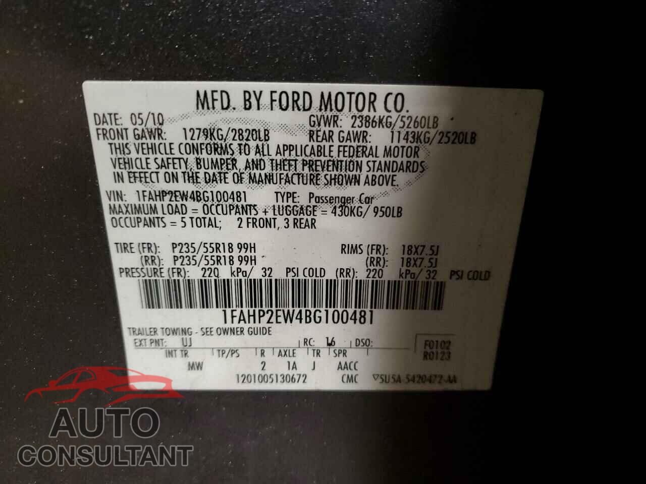 FORD TAURUS 2011 - 1FAHP2EW4BG100481