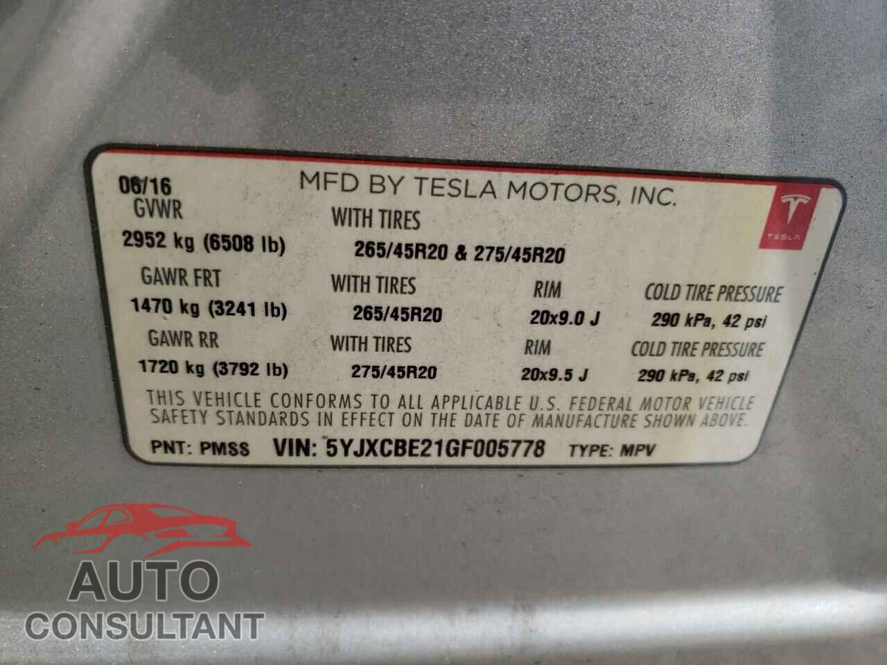 TESLA MODEL X 2016 - 5YJXCBE21GF005778