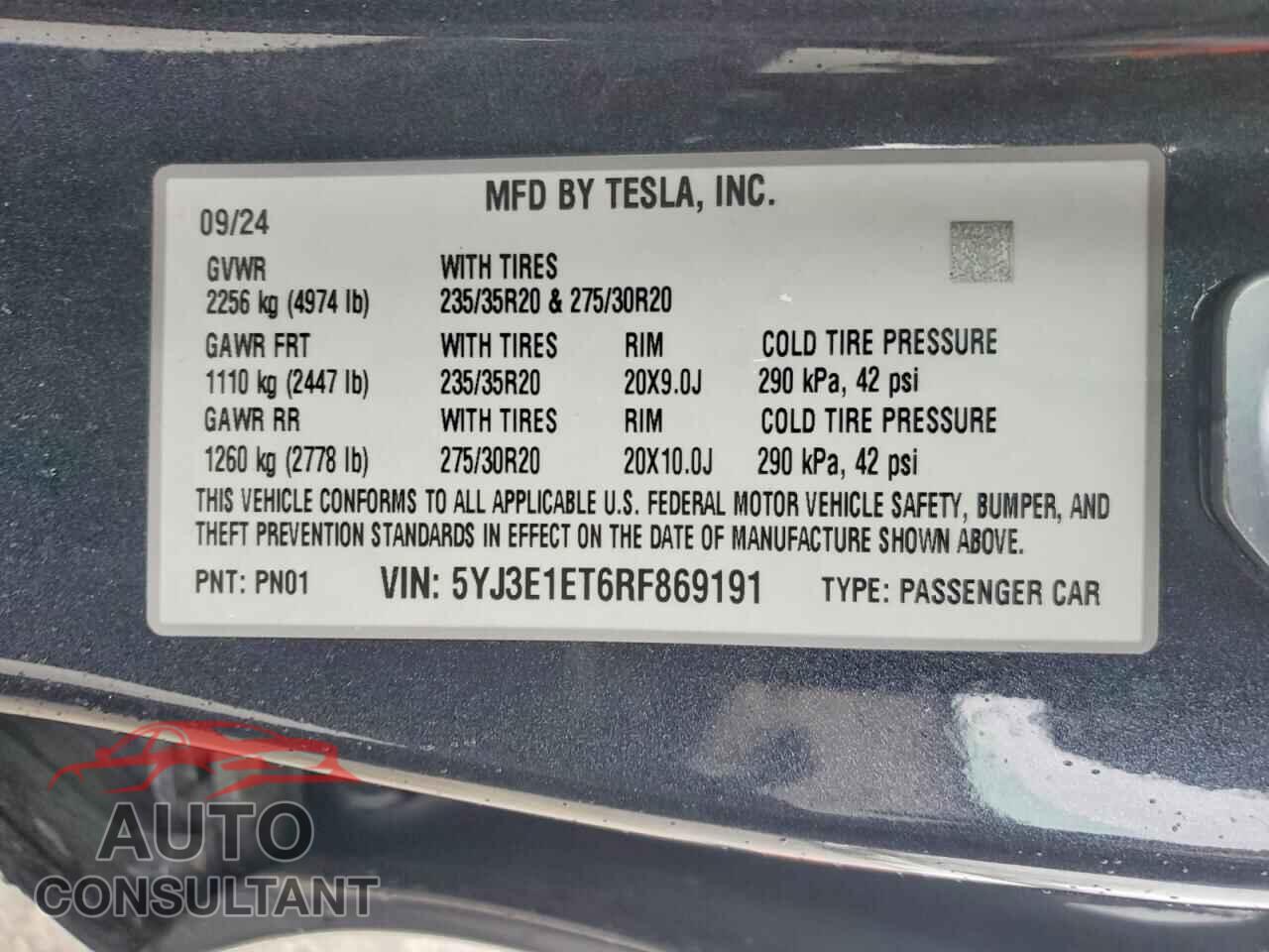 TESLA MODEL 3 2024 - 5YJ3E1ET6RF869191