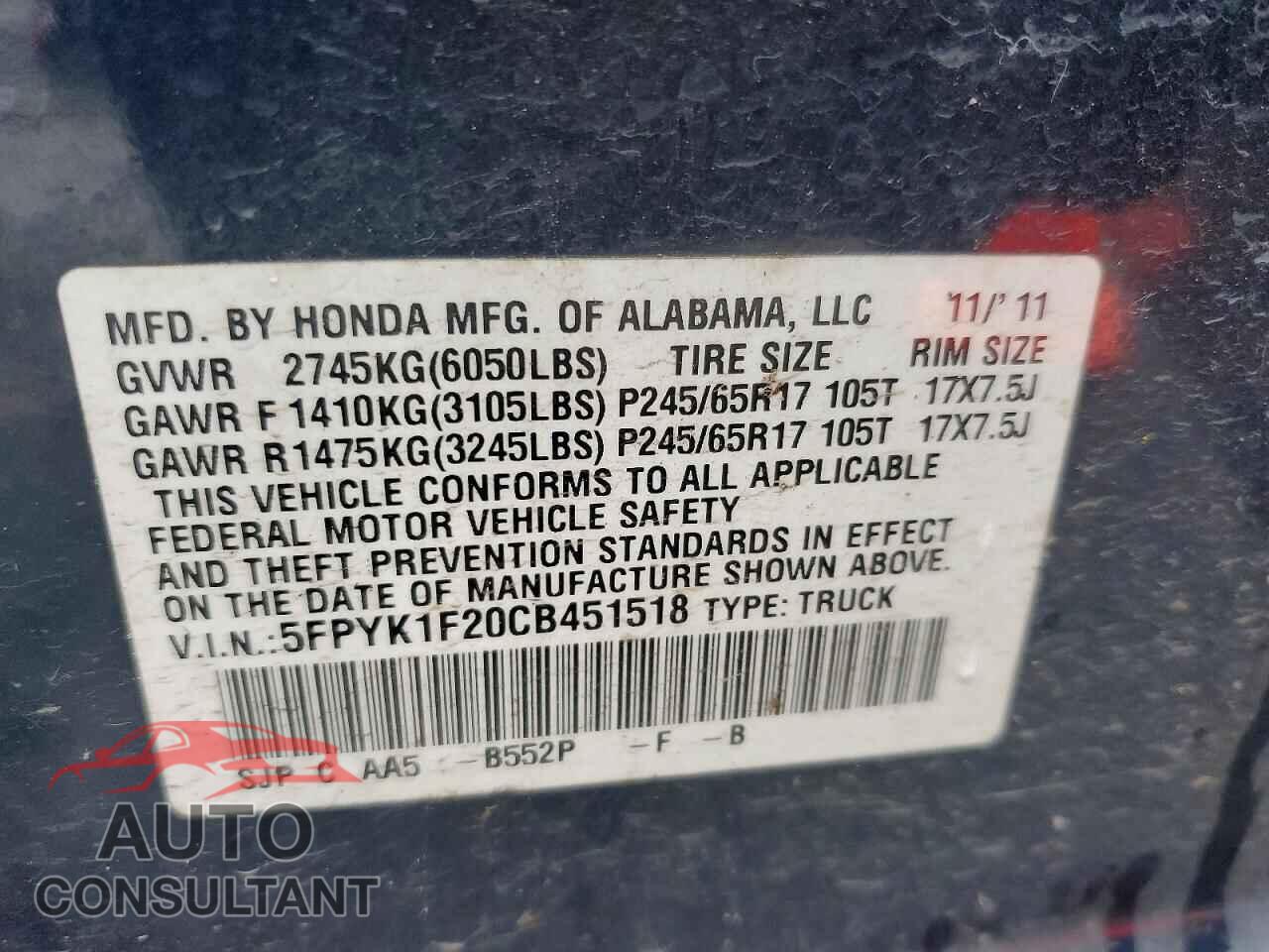 HONDA RIDGELINE 2012 - 5FPYK1F20CB451518