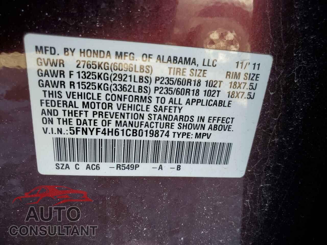 HONDA PILOT 2012 - 5FNYF4H61CB019874